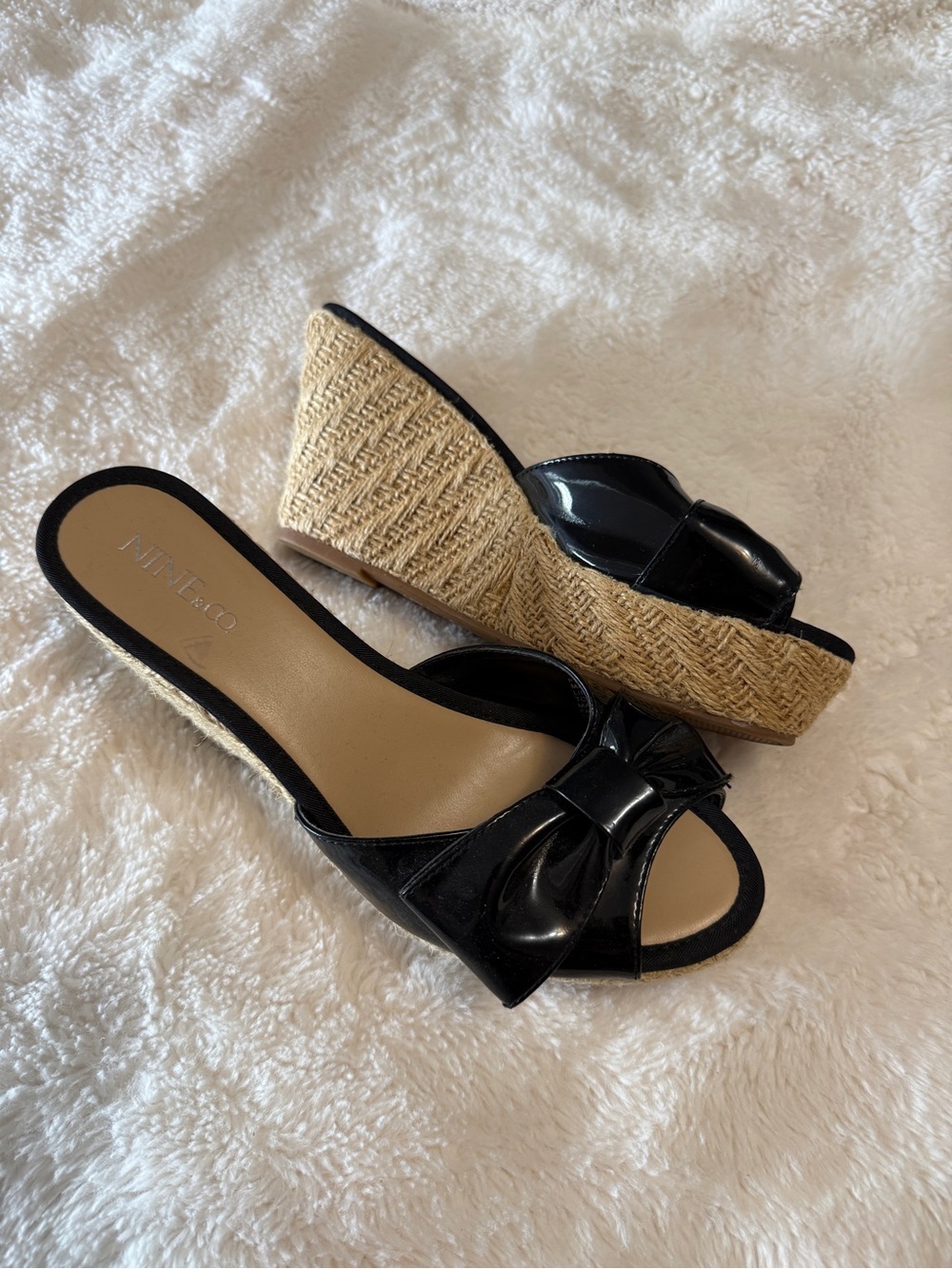 Nine West Black Patent Bow Espadrille Wedges